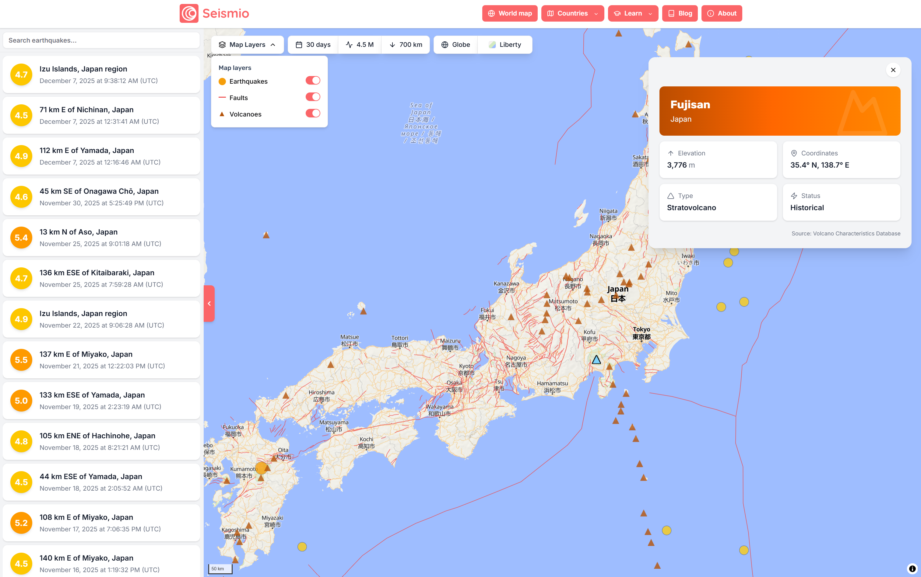 Interactive globe view showing recent earthquakes worldwide.