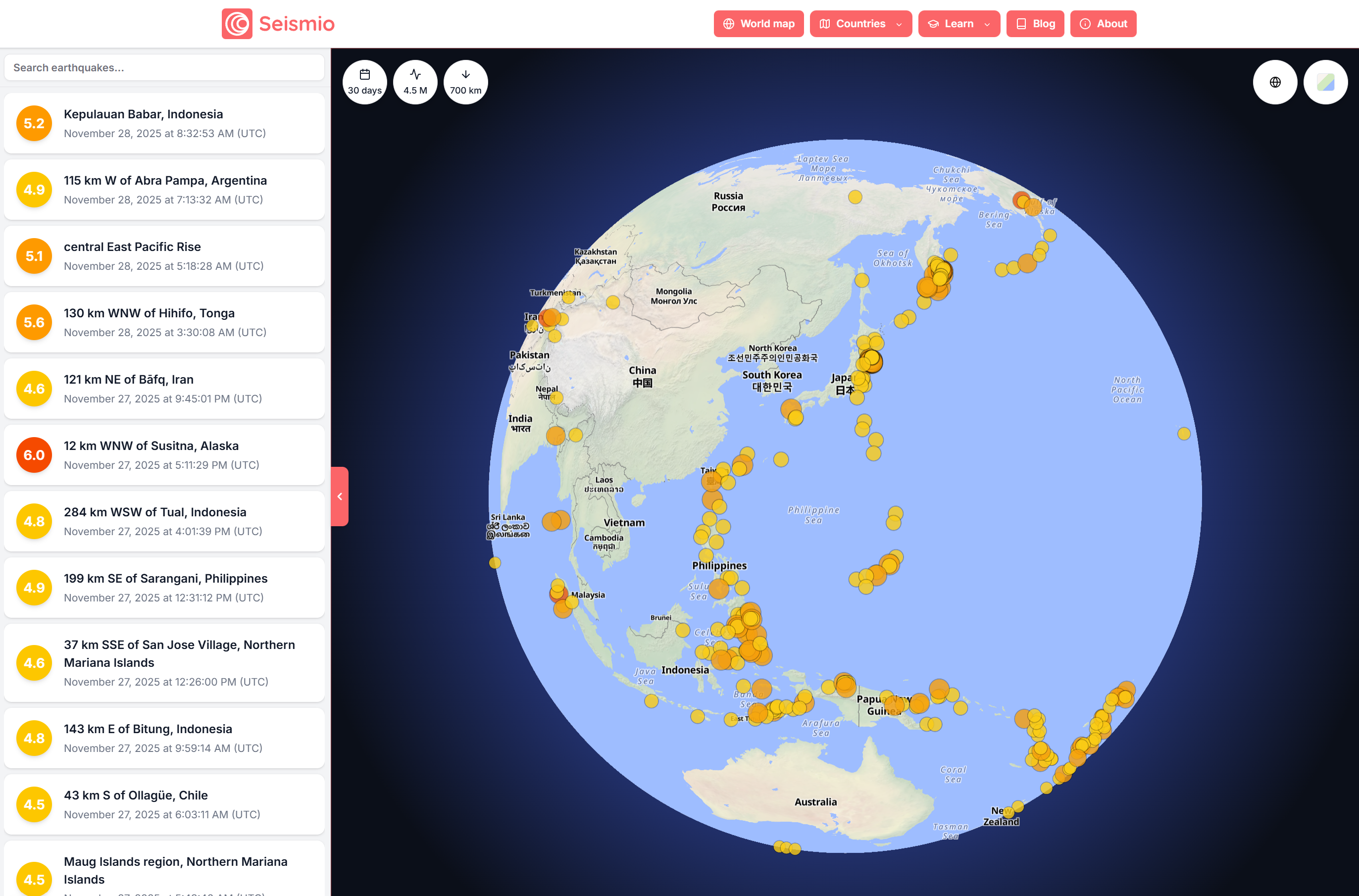 Interactive globe view showing recent earthquakes worldwide.