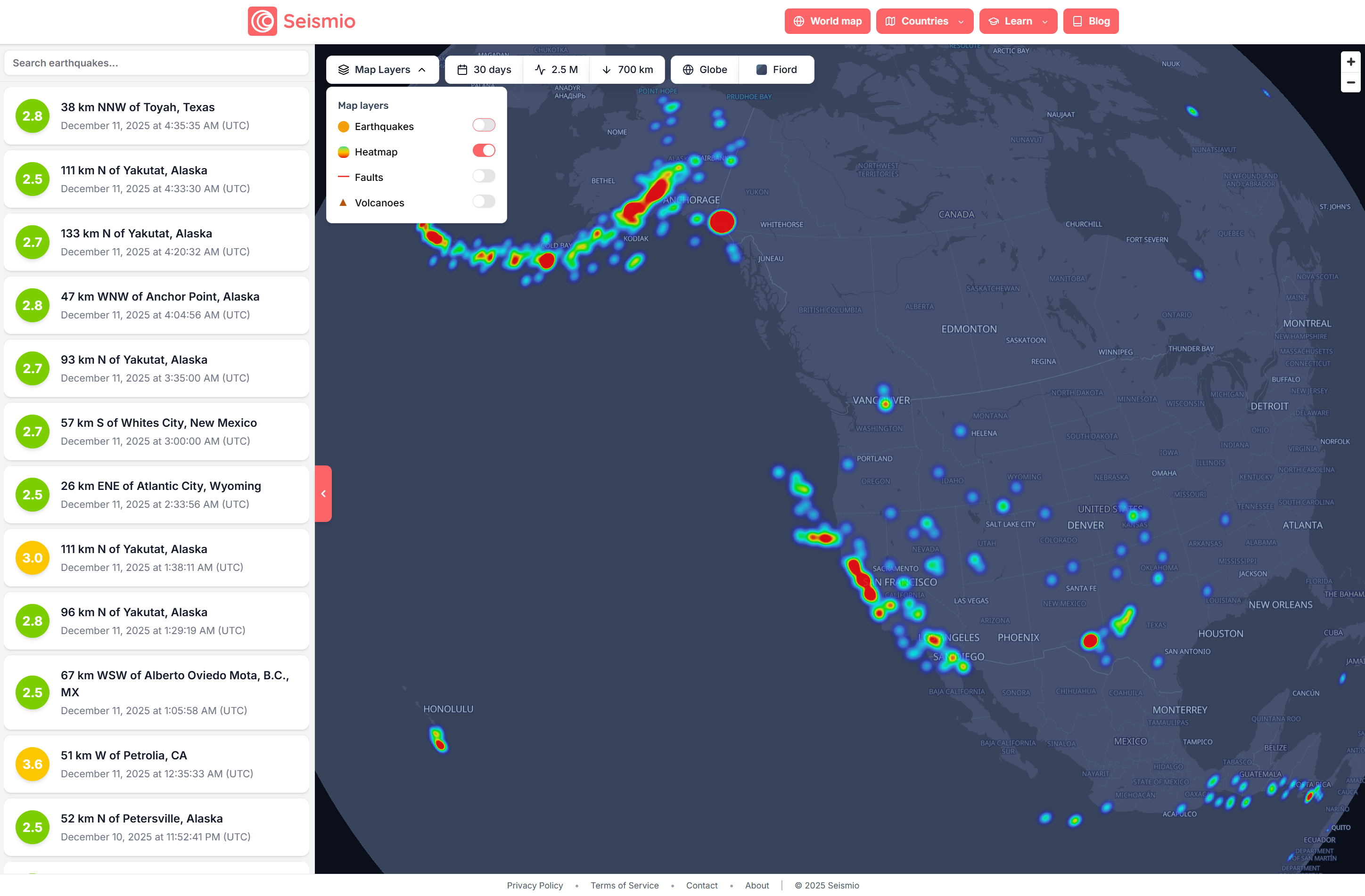 Map view with earthquake heatmap overlay.