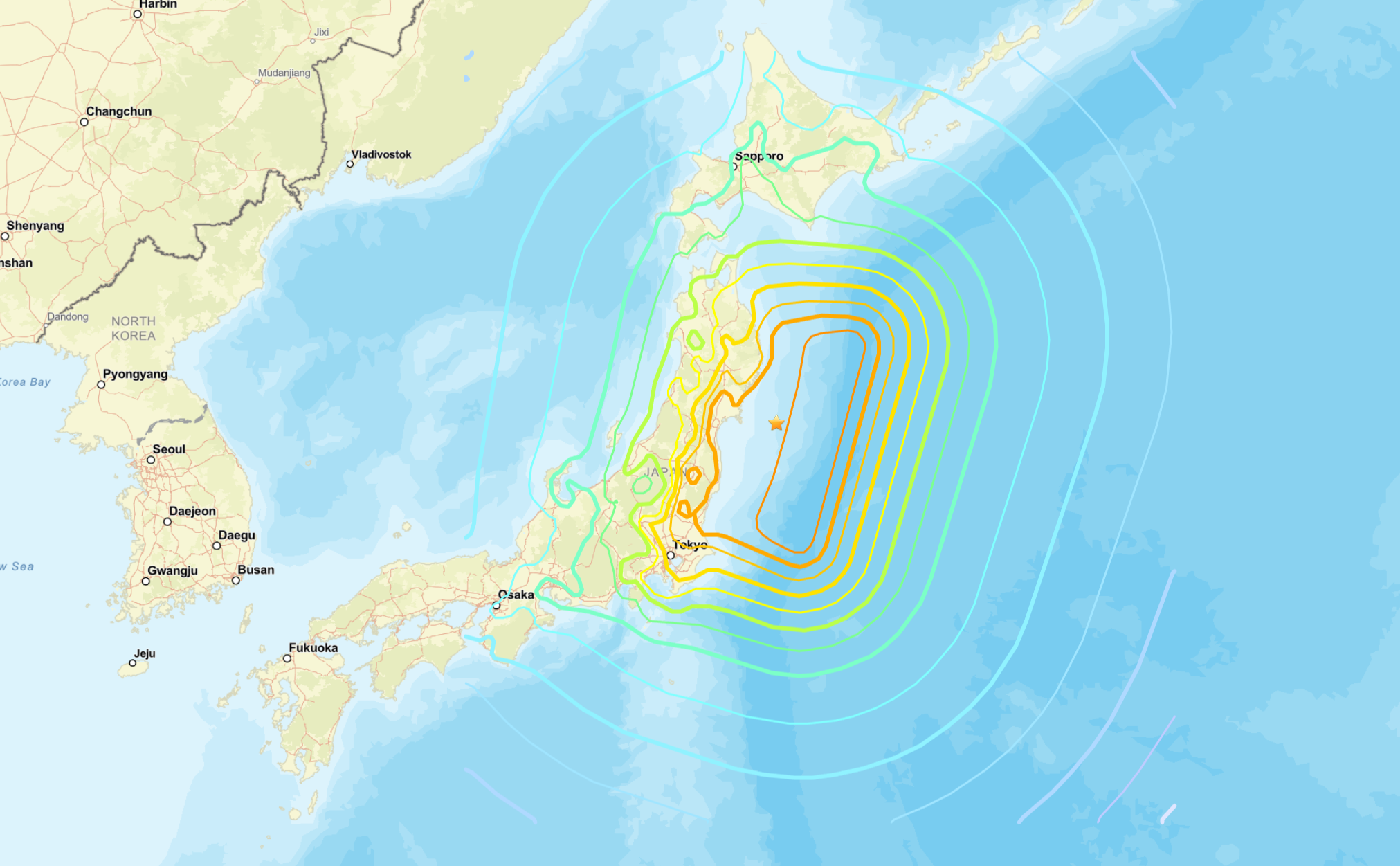 A map showing the epicenter of the 2011 Tōhoku earthquake.