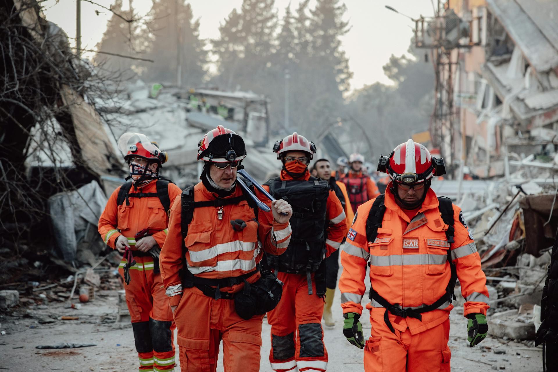 Rescue workers in the earthquake ruins